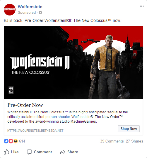 Wolfenstein II: The New Colossus advertising Facebook-wolfII-advert